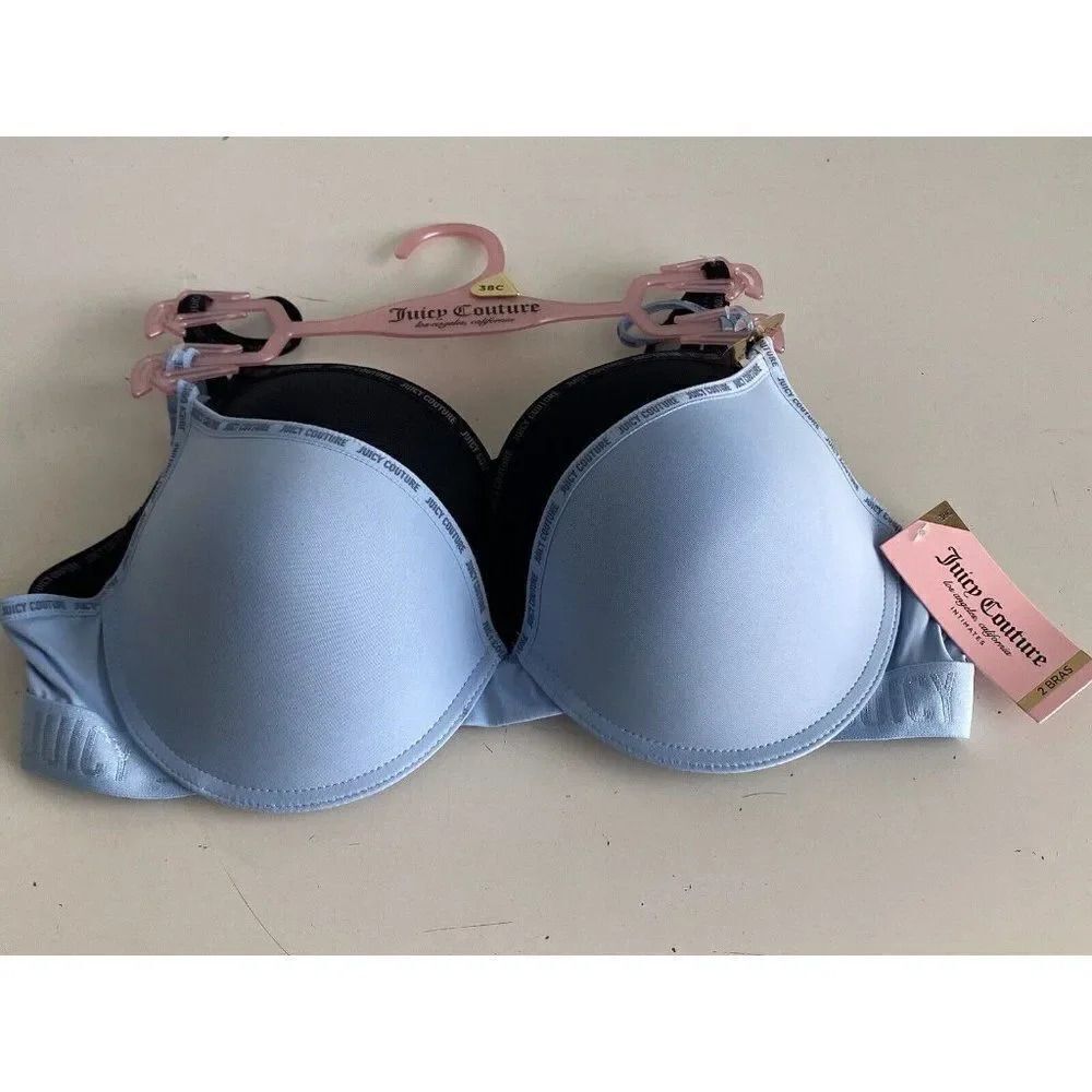 2 Pack Juicy Couture Sexy Push Up Bra JC6559 Blue Black Logo Trim Sz 38C NEW